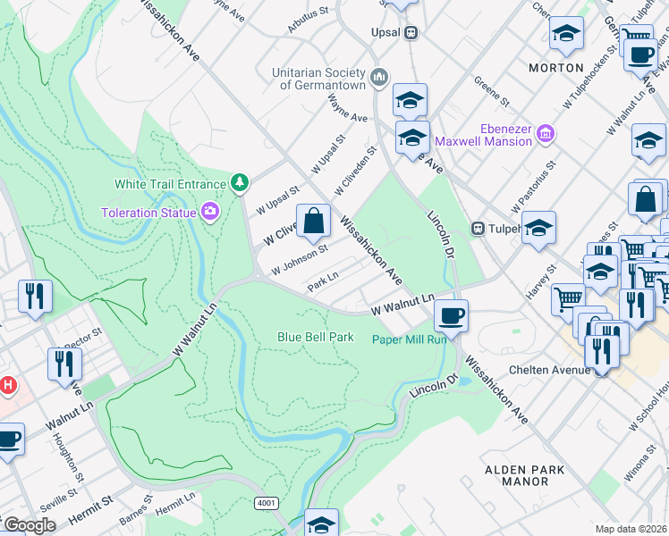 map of restaurants, bars, coffee shops, grocery stores, and more near 637 Park Lane in Philadelphia