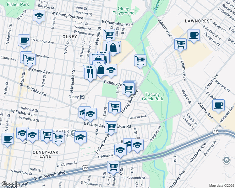 map of restaurants, bars, coffee shops, grocery stores, and more near 5530 B Street in Philadelphia