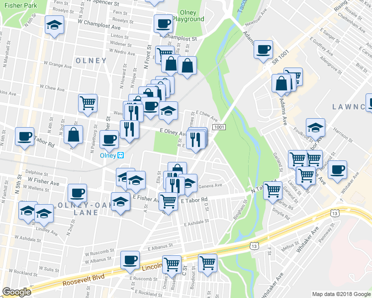 map of restaurants, bars, coffee shops, grocery stores, and more near 318 East Gale Street in Philadelphia