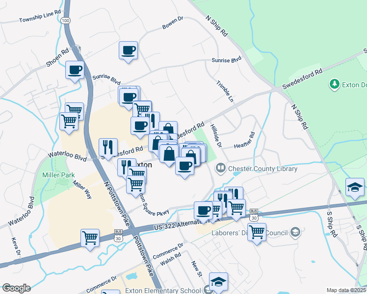 map of restaurants, bars, coffee shops, grocery stores, and more near 590 Exton Commons in Exton