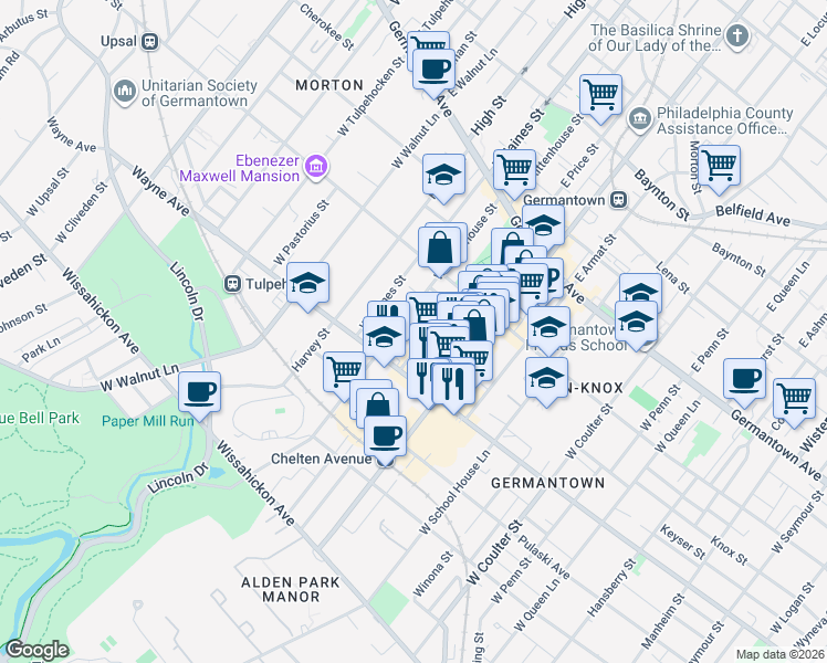 map of restaurants, bars, coffee shops, grocery stores, and more near 171 West Price Street in Philadelphia