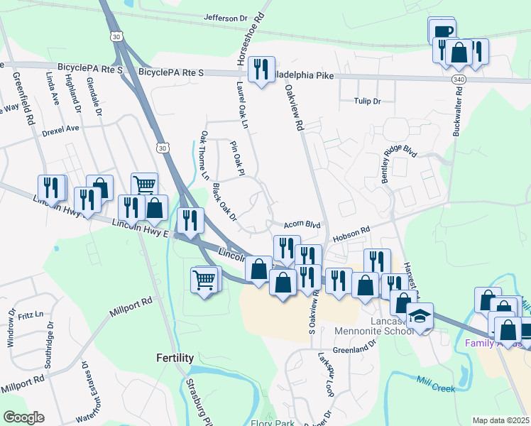 map of restaurants, bars, coffee shops, grocery stores, and more near 30 Black Oak Drive in Lancaster