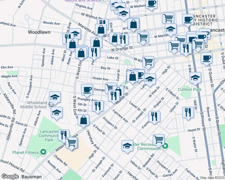map of restaurants, bars, coffee shops, grocery stores, and more near 617 George Street in Lancaster