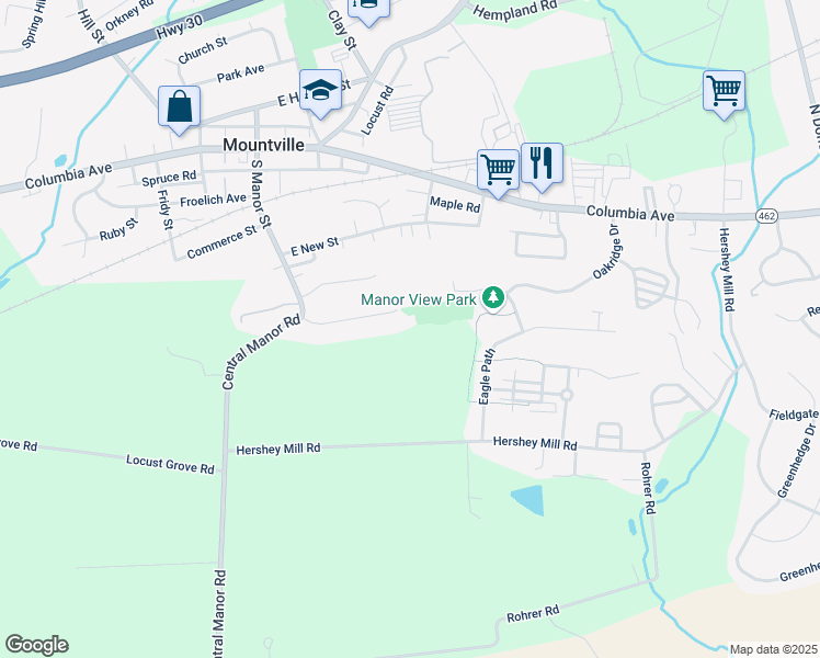 map of restaurants, bars, coffee shops, grocery stores, and more near 59 Wynwood Drive in Mountville