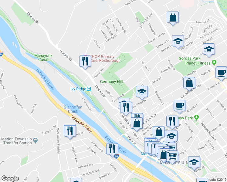 map of restaurants, bars, coffee shops, grocery stores, and more near 4846 Smick Street in Philadelphia