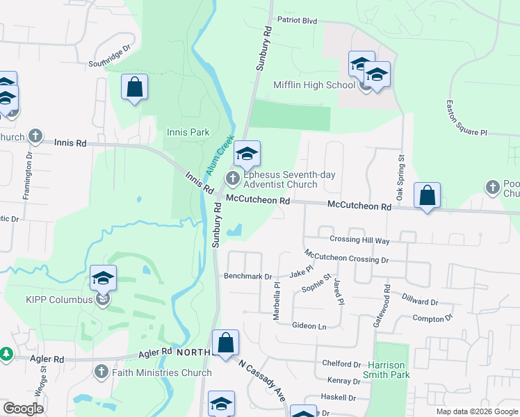 map of restaurants, bars, coffee shops, grocery stores, and more near 2299 McCutcheon Road in Columbus