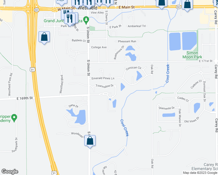 map of restaurants, bars, coffee shops, grocery stores, and more near 1925 Tourmaline Drive in Westfield