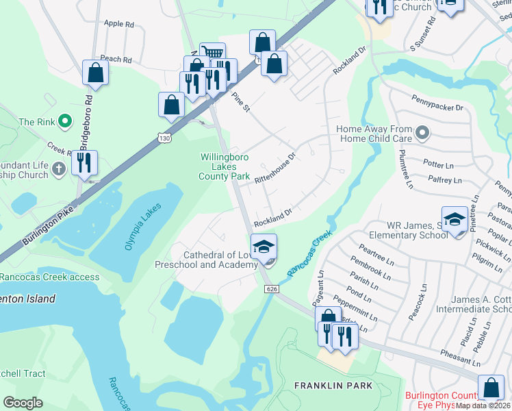 map of restaurants, bars, coffee shops, grocery stores, and more near 10 Radcliff Place in Willingboro