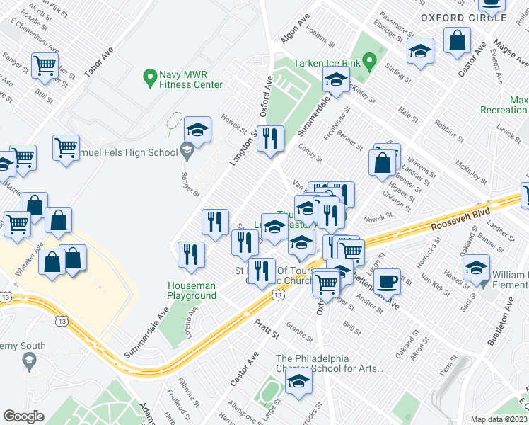 map of restaurants, bars, coffee shops, grocery stores, and more near 935 Anchor Street in Philadelphia