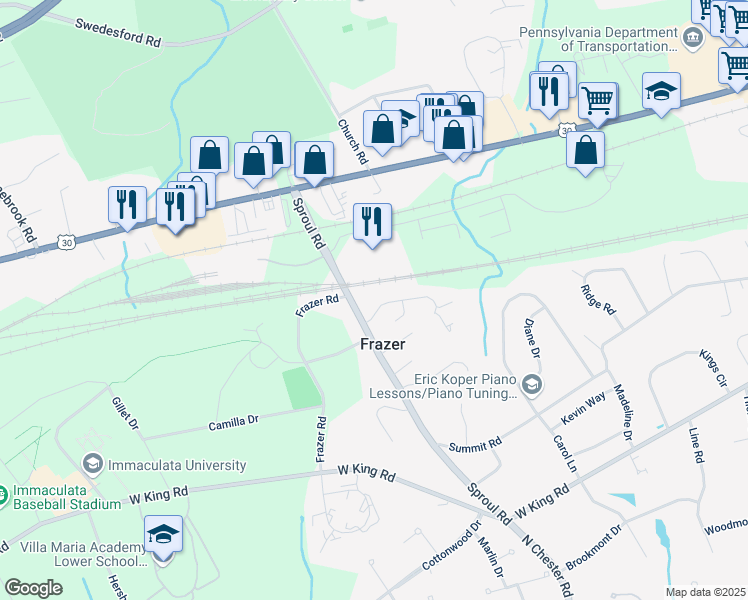 map of restaurants, bars, coffee shops, grocery stores, and more near 3 Judith Lynn Way in Malvern