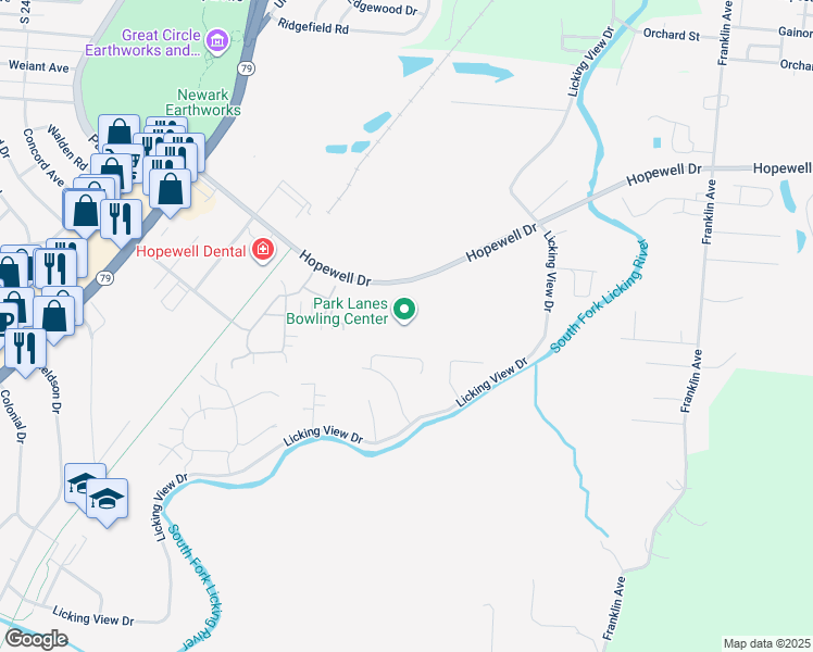 map of restaurants, bars, coffee shops, grocery stores, and more near 701 Hopewell Drive in Heath