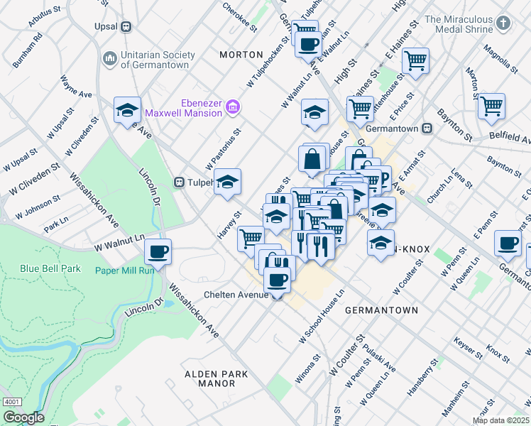 map of restaurants, bars, coffee shops, grocery stores, and more near 5909 Wayne Avenue in Philadelphia