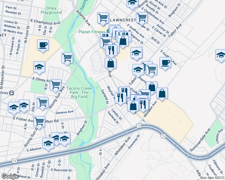 map of restaurants, bars, coffee shops, grocery stores, and more near 649 Mayfair Street in Philadelphia