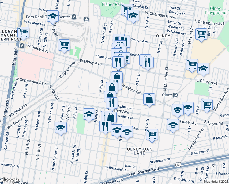 map of restaurants, bars, coffee shops, grocery stores, and more near 5410 North 5th Street in Philadelphia