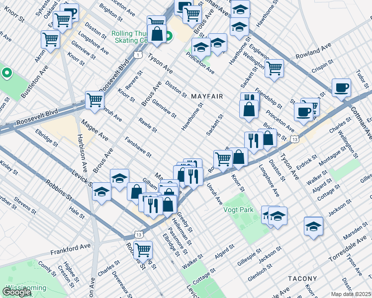 map of restaurants, bars, coffee shops, grocery stores, and more near 3137 Rawle Street in Philadelphia