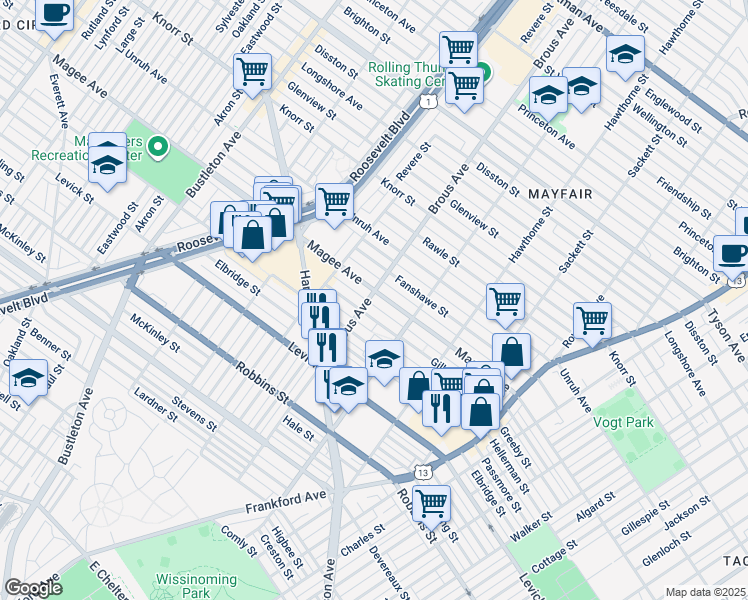 map of restaurants, bars, coffee shops, grocery stores, and more near 2900 Magee Avenue in Philadelphia