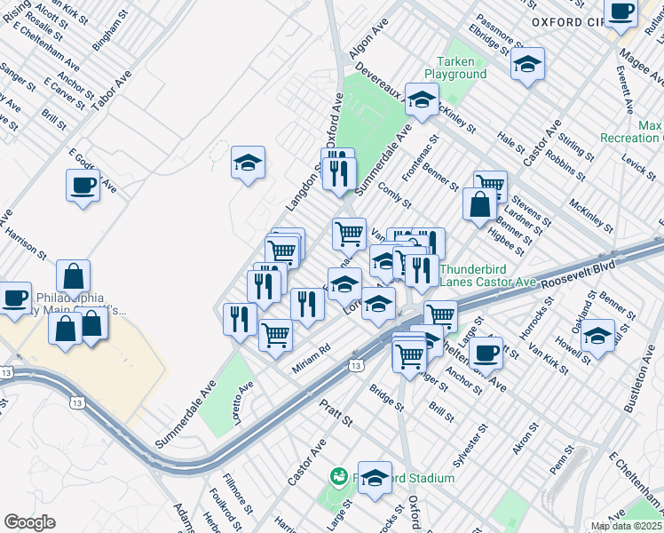 map of restaurants, bars, coffee shops, grocery stores, and more near 935 Anchor Street in Philadelphia