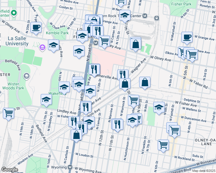 map of restaurants, bars, coffee shops, grocery stores, and more near 5310 North 12th Street in Philadelphia