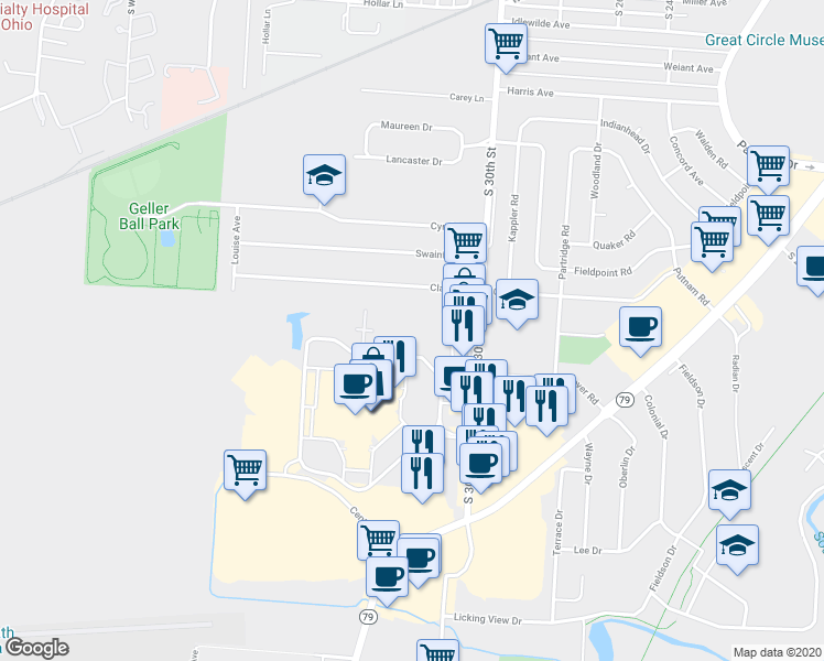 map of restaurants, bars, coffee shops, grocery stores, and more near 717 South 30th Street in Heath