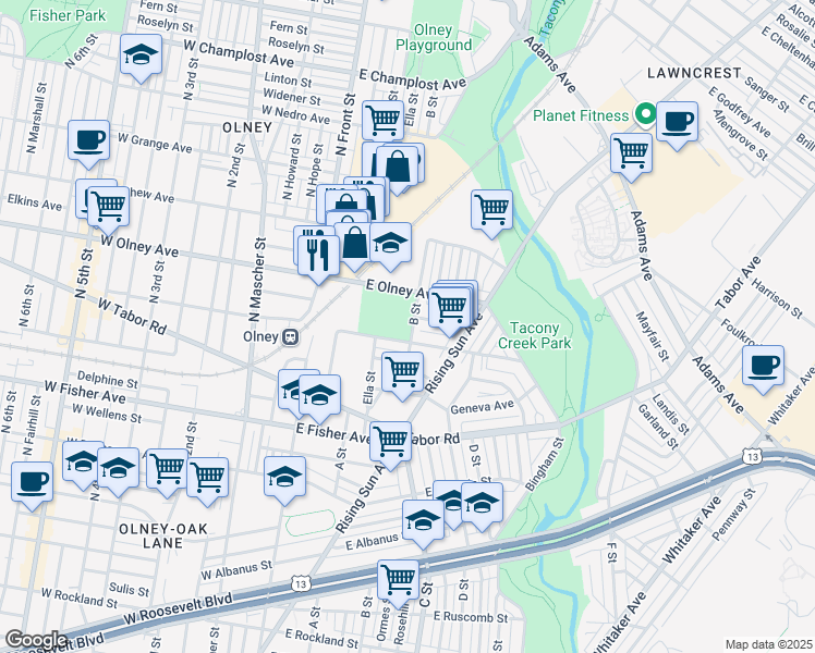map of restaurants, bars, coffee shops, grocery stores, and more near 5530 B Street in Philadelphia