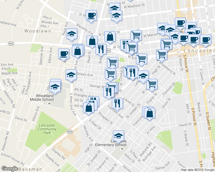 map of restaurants, bars, coffee shops, grocery stores, and more near 617 George Street in Lancaster