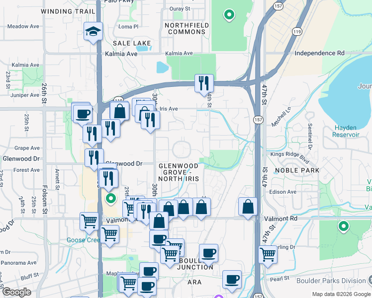 map of restaurants, bars, coffee shops, grocery stores, and more near 3250 O'Neal Circle in Boulder