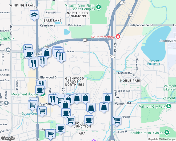map of restaurants, bars, coffee shops, grocery stores, and more near 3393 Oneal Parkway in Boulder