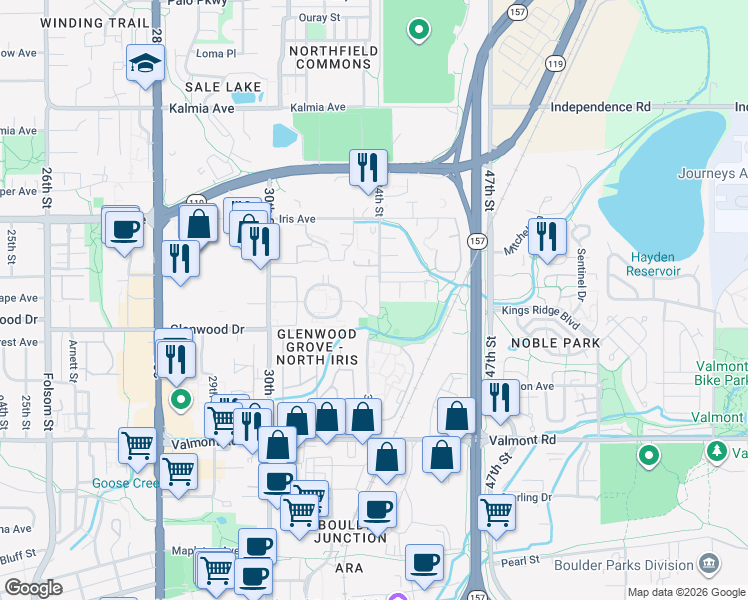map of restaurants, bars, coffee shops, grocery stores, and more near 3393 Oneal Parkway in Boulder
