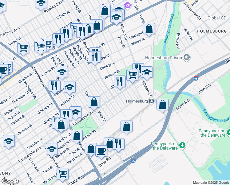 map of restaurants, bars, coffee shops, grocery stores, and more near 4622 Meridian Street in Philadelphia