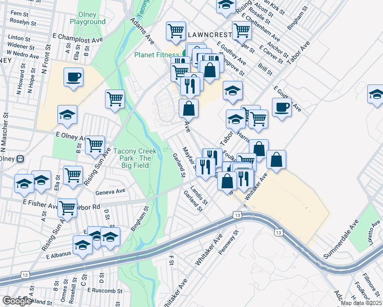 map of restaurants, bars, coffee shops, grocery stores, and more near 649 Mayfair Street in Philadelphia