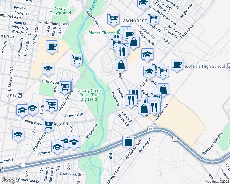 map of restaurants, bars, coffee shops, grocery stores, and more near 625 Garland Street in Philadelphia