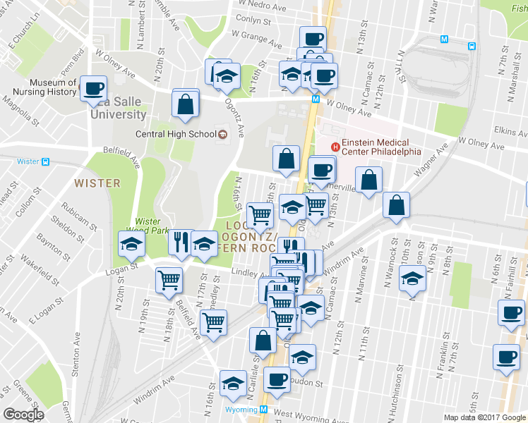 map of restaurants, bars, coffee shops, grocery stores, and more near 5244 North 15th Street in Philadelphia