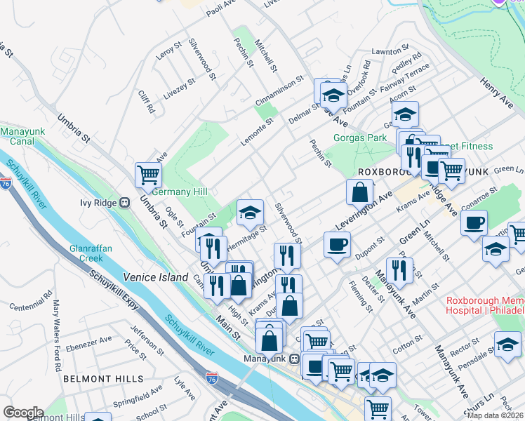 map of restaurants, bars, coffee shops, grocery stores, and more near in Philadelphia