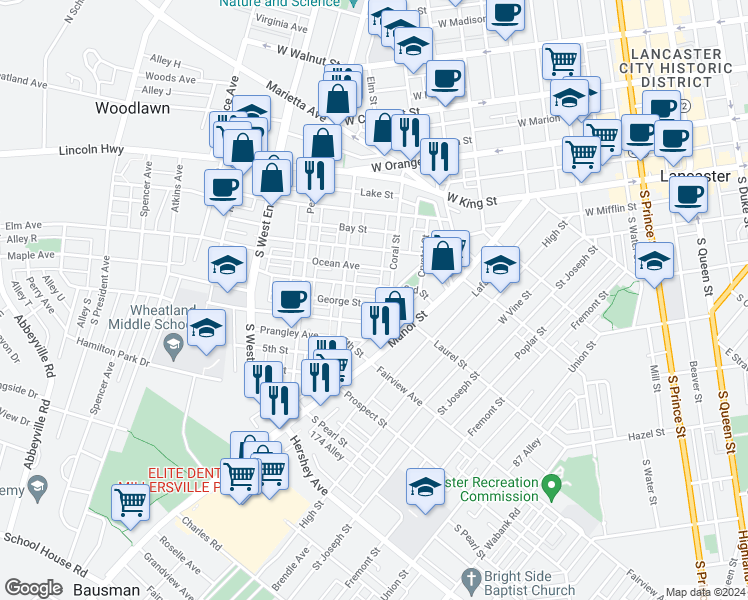 map of restaurants, bars, coffee shops, grocery stores, and more near 623 George Street in Lancaster