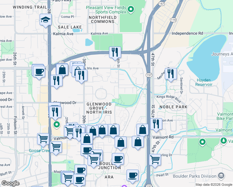 map of restaurants, bars, coffee shops, grocery stores, and more near 3393 Oneal Parkway in Boulder