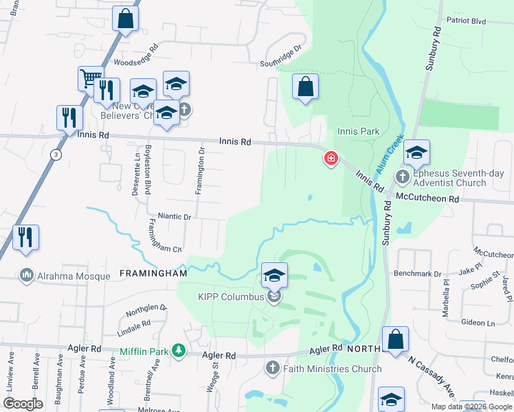 map of restaurants, bars, coffee shops, grocery stores, and more near 2781 Innis Road in Columbus