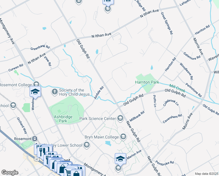 map of restaurants, bars, coffee shops, grocery stores, and more near 1035 Old Gulph Road in Bryn Mawr