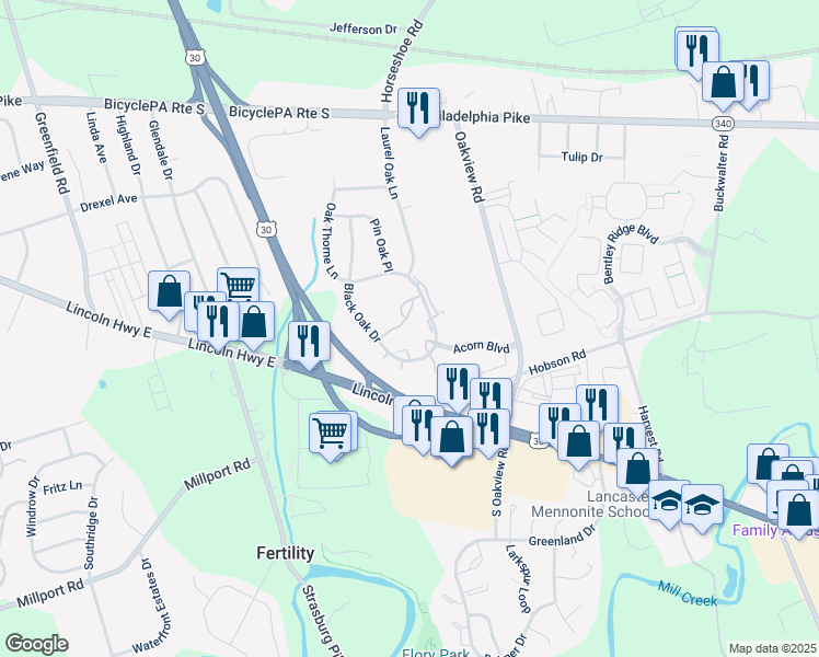 map of restaurants, bars, coffee shops, grocery stores, and more near 242 Black Oak Drive in Lancaster