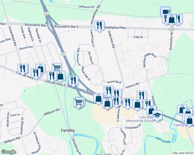 map of restaurants, bars, coffee shops, grocery stores, and more near 242 Black Oak Drive in Lancaster