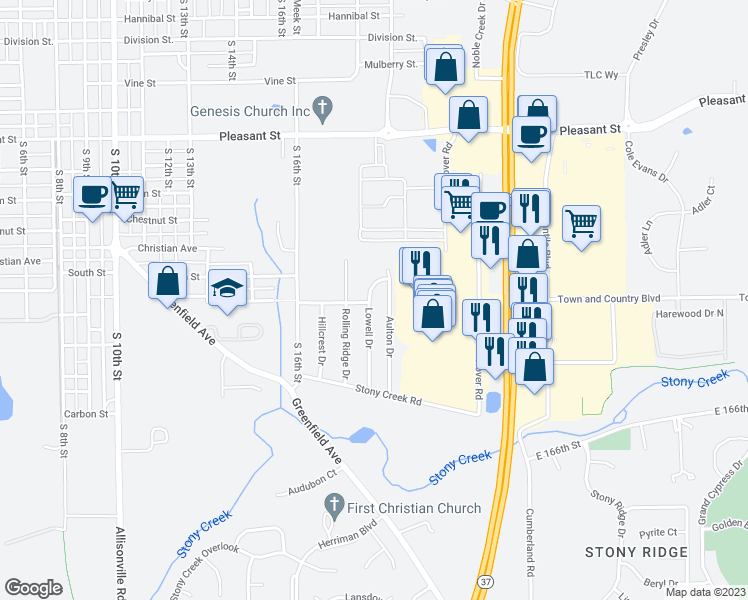 map of restaurants, bars, coffee shops, grocery stores, and more near 16810 Lowell Drive in Noblesville