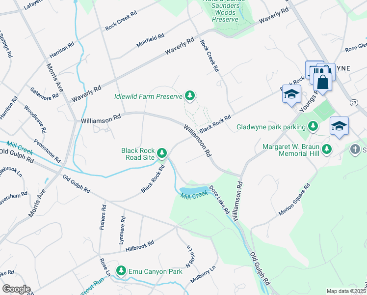 map of restaurants, bars, coffee shops, grocery stores, and more near 719 Black Rock Rd in Gladwyne