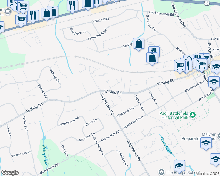 map of restaurants, bars, coffee shops, grocery stores, and more near 1802 Raintree Lane in Malvern