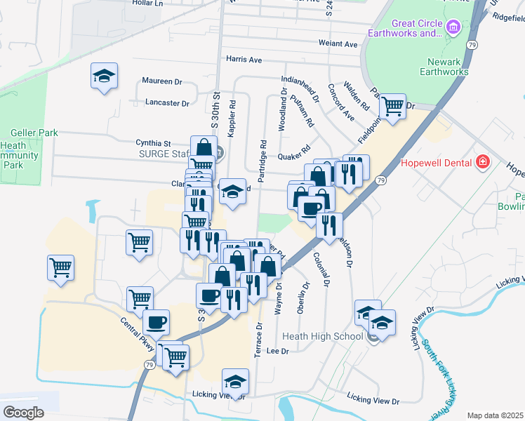 map of restaurants, bars, coffee shops, grocery stores, and more near 112 Partridge Court in Heath