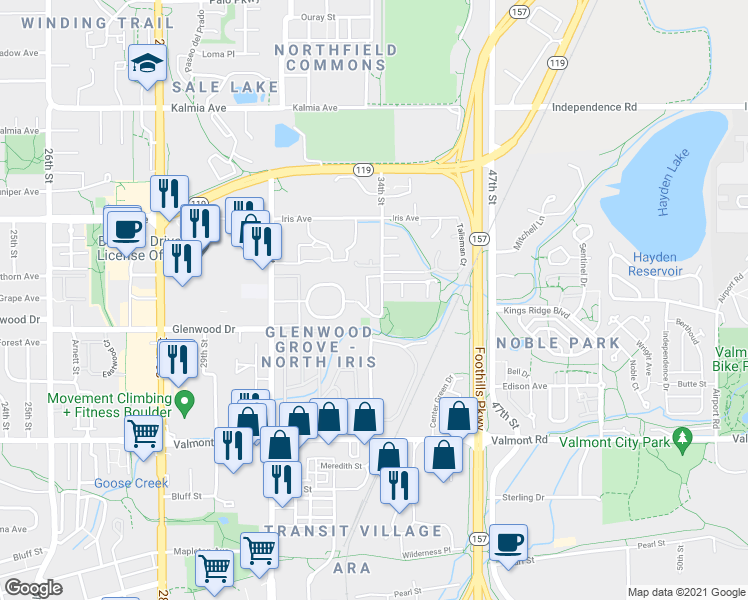 map of restaurants, bars, coffee shops, grocery stores, and more near 3393 Oneal Parkway in Boulder