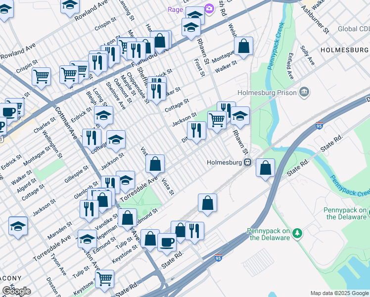 map of restaurants, bars, coffee shops, grocery stores, and more near 4615 Marple Street in Philadelphia