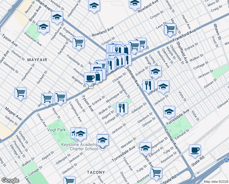 map of restaurants, bars, coffee shops, grocery stores, and more near 7144 Montague Street in Philadelphia