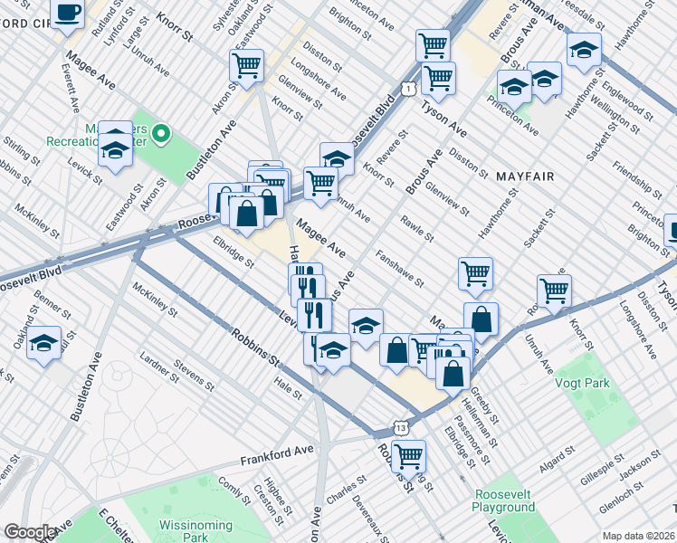 map of restaurants, bars, coffee shops, grocery stores, and more near 2849 Gilham Street in Philadelphia