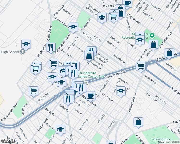 map of restaurants, bars, coffee shops, grocery stores, and more near 1438 East Comly Street in Philadelphia