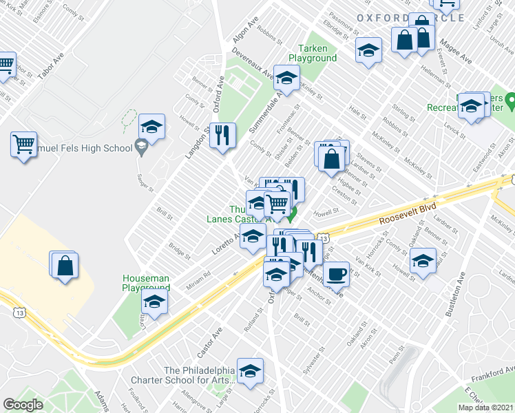 map of restaurants, bars, coffee shops, grocery stores, and more near 5800 Oxford Avenue in Philadelphia