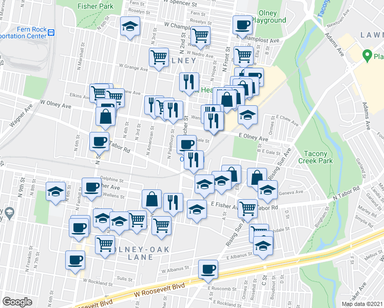 map of restaurants, bars, coffee shops, grocery stores, and more near 5401 North Mascher Street in Philadelphia